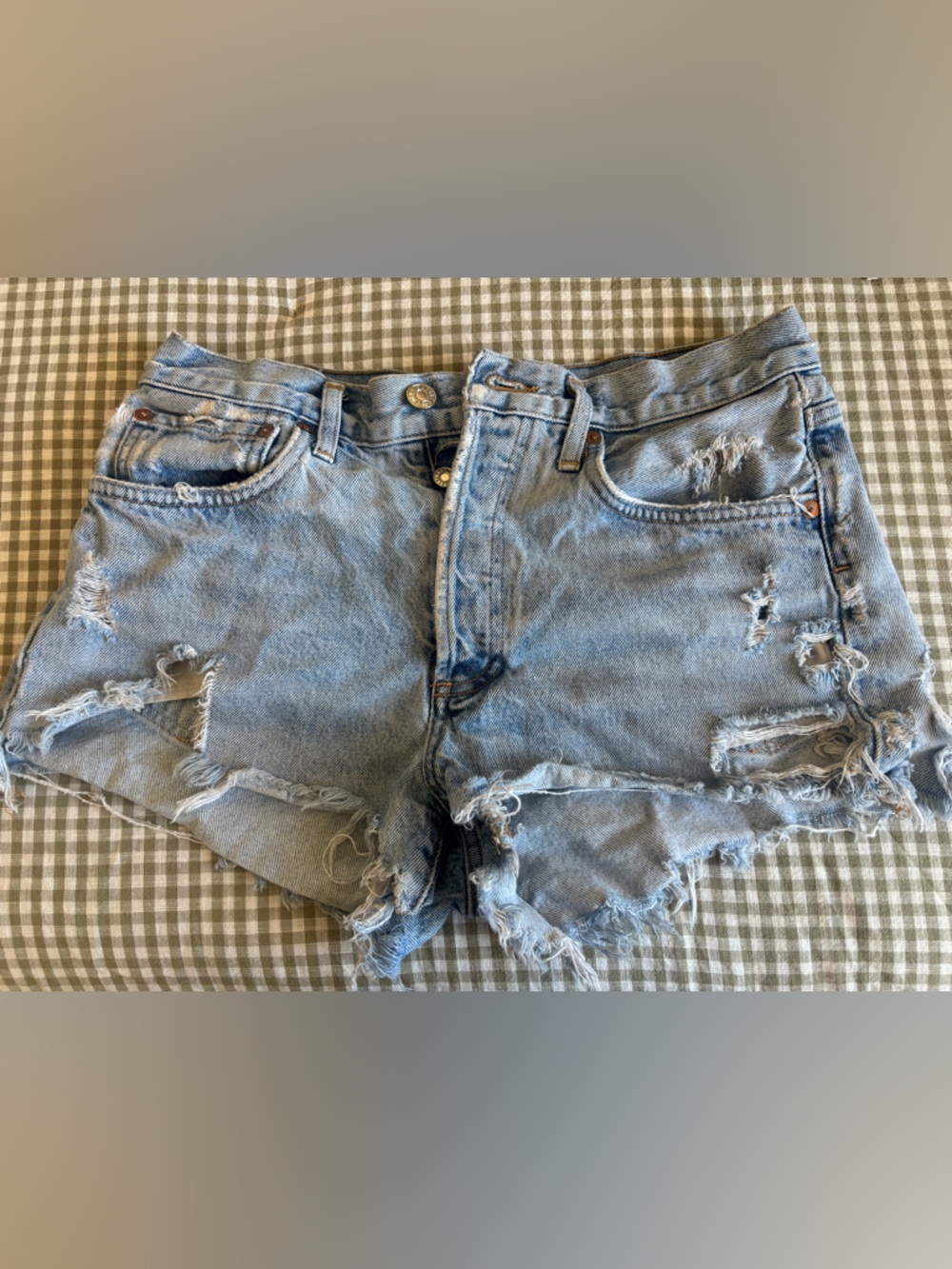 Agolde Light Blue Distressed Denim Shorts